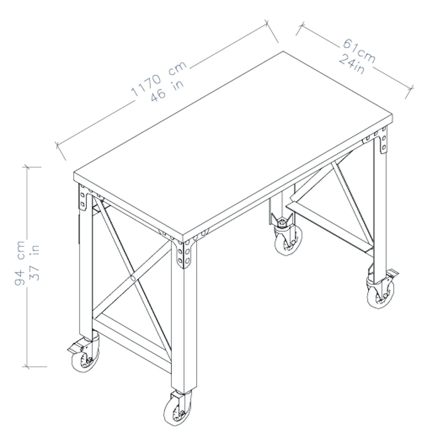 46" x 24" Rolling Industrial Worktable Desk with solid wood top
