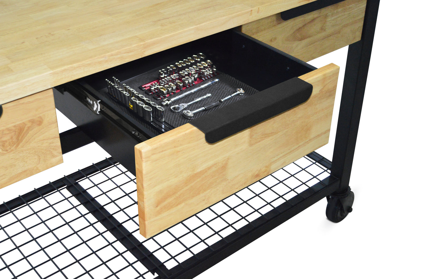 Rove 62" x 24" 3-Drawer Maple Rubberwood Mobile Workbench with Solid Wood Top