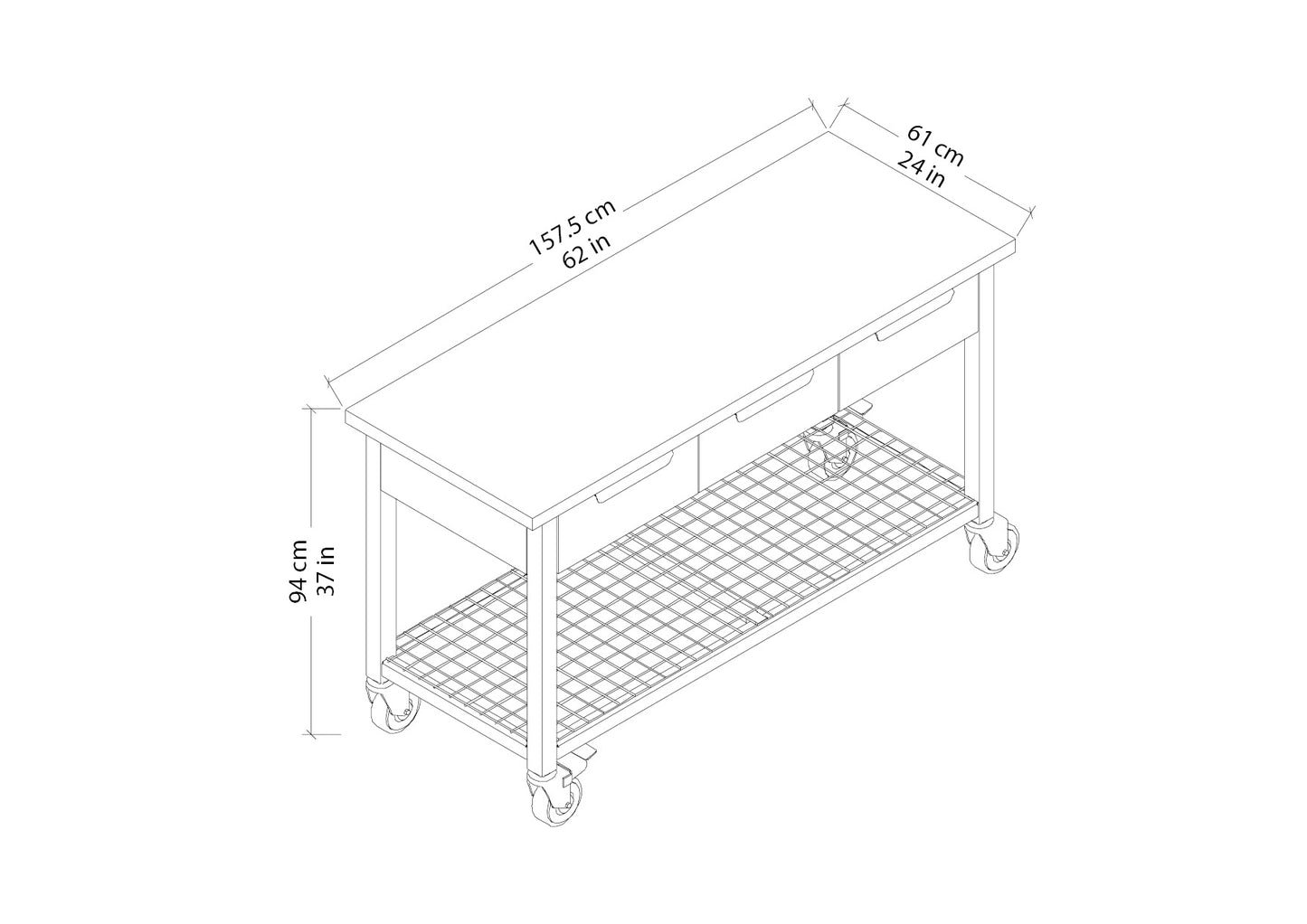 Rove 62" x 24" 3-Drawer Maple Rubberwood Mobile Workbench with Solid Wood Top