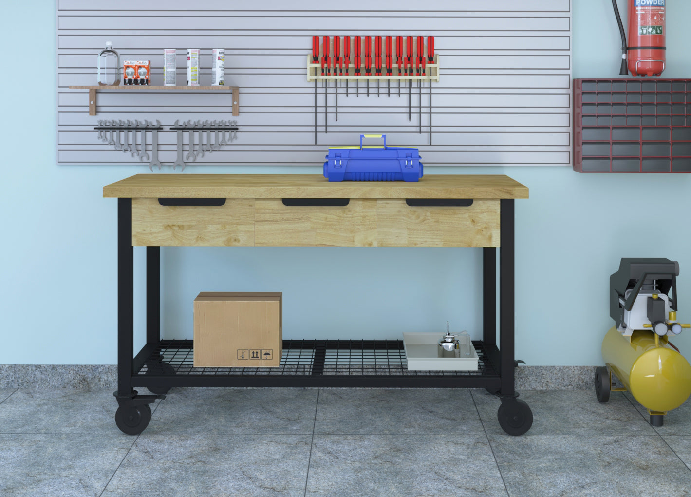 Rove 62" x 24" 3-Drawer Maple Rubberwood Mobile Workbench with Solid Wood Top