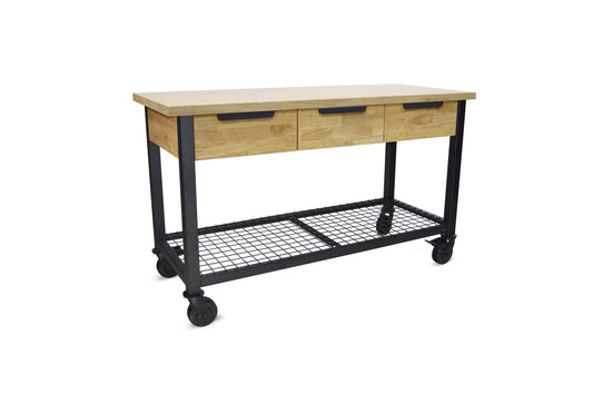 Rove 62" x 24" 3-Drawer Maple Rubberwood Mobile Workbench with Solid Wood Top